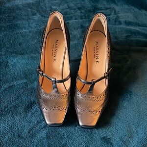 Black Heels with Square Toe and Perforated Detailing